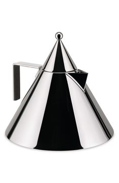 a stainless steel tea pot with a black handle on a white background, the lid is shaped like a cone