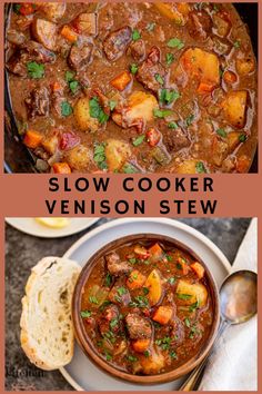 Top photo: large slow cooker pot filled with veggies and venison stew meat, topped with fresh herbs.
Bottom photo: Venison stew served in a bowl topped with fresh herbs with a side of crusty bread White Tail Deer Recipes, Deer Hind Quarter Recipes, Deer Tips Recipe, Deer Meat Stew Crockpot, Healthy Venison Recipes Clean Eating, Deer Meat Recipes Backstrap, Crock Pot Venison Stew, Deer Bone Broth, Venison Recipes Backstrap