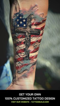 a man's arm with an american flag and a cross tattooed on the side