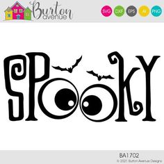 the word spooky with bats on it is in black and white, as well as