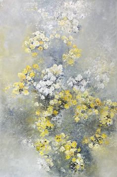 an abstract painting of yellow and white flowers in a vase on a gray background,