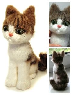 there are three pictures of small knitted cats