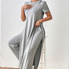 Gray Split Hem Tee & Wide Leg Pants 95% Polyester 5% Elastane Casual Solid Bottoms With Side Slits, Casual Pants With Side Slits And Stretch, Casual Pants With Side Slits And Split Hem, Casual Stretch Pants With Side Slits, Casual Loungewear Bottoms With Side Slits, Casual Fitted Bottoms With Split Hem, Casual Spring Bottoms With Side Slits, Casual Lounge Bottoms With Side Slits, Casual Bottoms With Side Slits