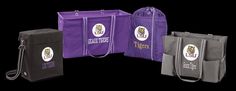 three bags with logos on them, one in purple and the other in grey are lined up