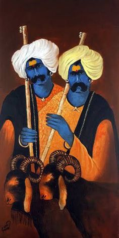 two men with blue skin and white turbans are standing next to each other