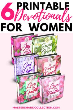 six bibles with the words, 6 printable devotions for women on them