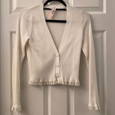 For Love & Lemons Cream Cardigan Nwt Size Small Feminine White Long Sleeve Cardigan, Feminine White Cardigan For Fall, White Fitted Feminine Sweater, White Cotton Cardigan For Day Out, Feminine Long Sleeve Cotton Cardigan, Cream Cardigan, Lemon Cream, For Love & Lemons, Love And Lemons