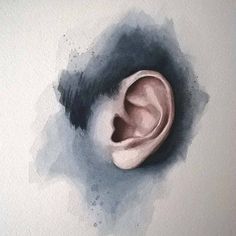 a watercolor painting of an ear in the middle of a black and white background