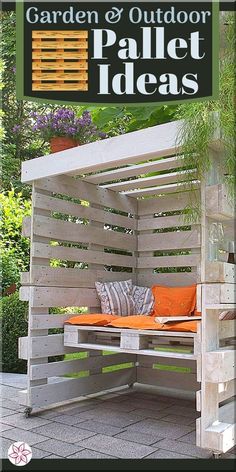 an outdoor bench made out of pallet boards with the words garden and outdoor patio ideas on it