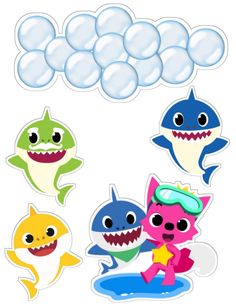 some stickers that have different types of sharks on them with bubbles in the background