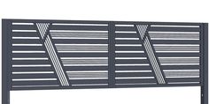 an image of a metal headboard with slatted design on the top and sides