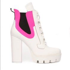 White & Pink Boots. Very Cute And Steady White Pointed Toe Platform Boots For Fall, White Heels With Chunky Platform And Round Toe, White Chunky Platform Heels With Round Toe, Summer High Heel Chunky Platform Boots, White Heeled Boots With Round Toe For Party, White Platform Heels Ankle-high, Trendy High Ankle Heeled Boots For Summer, White Pointed Toe Platform Boots, White Platform Heels In Trendy Style