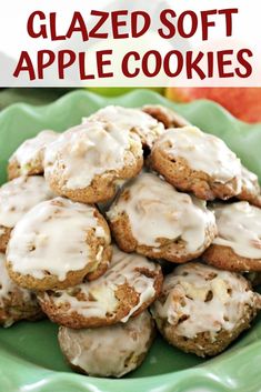 glazed soft apple cookies on a green plate with apples in the background and text overlay