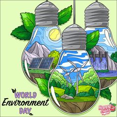 two light bulbs with the words world environment day written on them and green leaves hanging from them