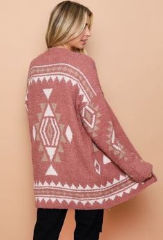 Soft On Trend Aztec Knitted Sweater Cardigan Length: 32" 90% Polyester, 10% Spandex Aztec Clothing, Aztec Sweater Cardigan, Aztec Cardigan, Aztec Sweater, Geometric Knit, Boho Sweater, Cropped Tops, Sweater Sale, Knit Sweater Cardigan