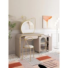 a white desk with a mirror and chair in front of it on a pink rug