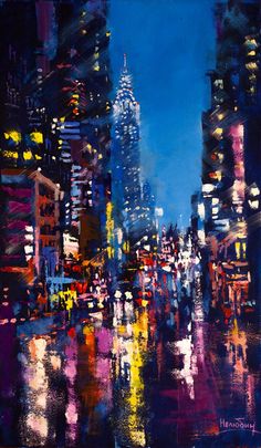 an oil painting of city lights at night