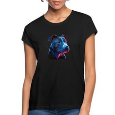 a woman wearing a black shirt with a blue pitbull on it's chest