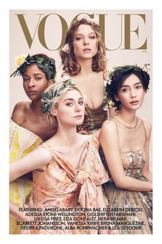 three women in dresses are featured on the cover of a magazine, with one woman wearing a flowered headdress