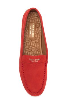 A preppy driving loafer updated with signature charm features a flexible nubby sole and back bumper for nonslip traction. Cushioned footbed Leather upper and lining/synthetic sole Imported Women's Shoes Loafer Women, Driving Loafers, Loafers For Women, Bright Red, Kate Spade New York, Women's Shoes, Kate Spade, Leather Upper, Loafers