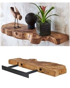 two wooden shelves with plants on them and one shelf holding a bird figurine