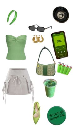 a woman's green outfit and accessories including shoes, sunglasses, cell phone, purse