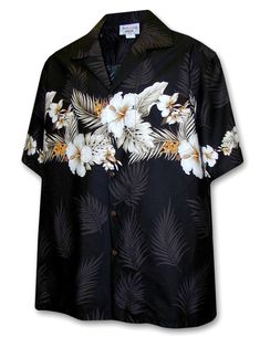 Hawaiian Shirt Hibiscus Band Maika Relaxed Fit Design 100% Cotton Fabric Chest band and border design Coconut shell buttons Matching left pocket Color: White, Navy, Black Sizes: S - 4XL Made in Hawaii - USA Black Hawaiian Shirt With Floral Print For Beach, Black Hawaiian Shirt With Floral Print, Black Floral Print Hawaiian Shirt, Black Floral Print Hawaiian Shirt For Vacation, Black Hawaiian Shirt With Tropical Print, Black Hawaiian Floral Print Top, Black Collared Hawaiian Shirt, Black Tropical Hawaiian Shirt With Camp Collar, Black Hawaiian Camp Shirt With Tropical Print