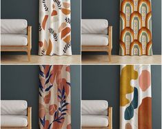 four different images of curtains in various colors and patterns, with one curtain pulled back to the side