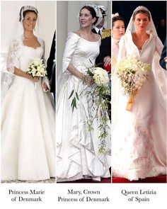 three pictures of the same wedding gowns in different styles and colors, one is for princess mary crown