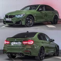 two pictures of the same green car in different angles, one showing it's rear end