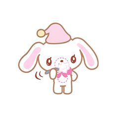 a cartoon rabbit with a pink hat on it's head and holding a carrot in its mouth