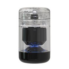 a black and clear glass jar with a blue light inside on a white back ground