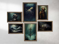 four paintings hang on the wall in front of a white wall with an octopus and diver