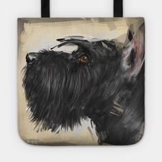 a black scottish terrier tote bag with an abstract painting of a dog's face