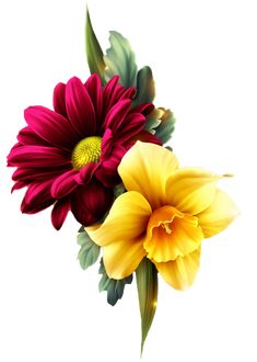 two colorful flowers with green leaves on the top and one yellow flower in the middle