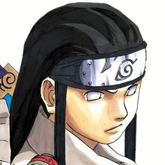 an anime character with black hair and white eyes wearing a head band, holding two swords