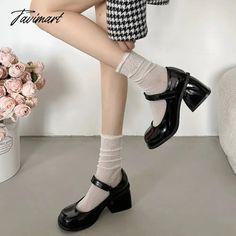 Tavimart Black round toe retro high rise thick heeled PU leather shoes for women in autumn and winter womens shoes pumps Heel height 6.5cm Winter Womens Shoes, Vintage Round Toe Platform Heels, Black Patent Leather Round Toe Heels, Black And White Round Toe Heels, Patent Leather Heels With Wooden Heel, Round Toe, Leather Shoes For Women, Faux Fur Bucket Hat, Xl Fashion, Black Mary Janes With Rubber Sole, Medium Width