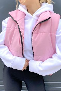 Pink Cropped Puffer Gilet A pink gilet is a must-have this szn, boo. Featuring a cropped fit, puffer style and zipper fastening. Team with an all-white outfit and the latest trainers for all the cosy vibes. Gilet Outfit, Cosy Vibes, Puffer Gilet, Puffer Style, Work Wear Outfits, Look Retro, Snow Outfit, Winter Fits