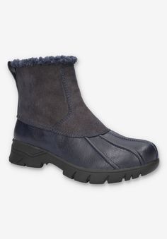 The Yuka from Easy Works by Easy Street offers a modern take on a traditional winter boot with contemporary design and unrivaled comfort. The multi-material upper creates a fresh look that will enhance all your favorite casual outfits. Stay on-trend while braving the elements in these fashion-forward boots. Made with easy-to-care-for materials and an inner shell that provides waterproof protection. Designed with a mini lug non marking slip-resistant outsole with the Easy Motion Pro Comfort system, the removable antimicrobial contoured insole for all-day comfort.Manmade UpperFabric LiningTPR OutsoleRemovable antimicrobial contoured insole for all day comfort Footbed1 1/4" Heel height5 1/4" Shaft height11 1/2" Boot leg circumferenceBootie available in sizes M 7-10,11,12 W 7-10,11,12 WW 7-10,