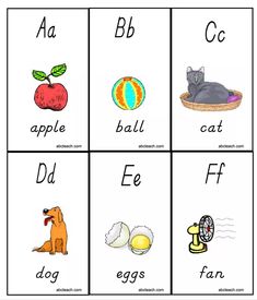 an alphabet flash card with pictures of animals and letters