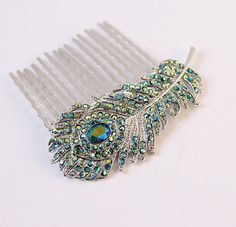 a close up of a hair comb with peacock feathers