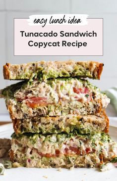 three sandwiches stacked on top of each other with the words easy lunch idea tuna salad sandwich copycat recipe