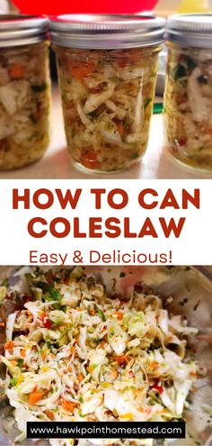 three jars filled with coleslaw and vegetables