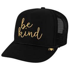 A little KINDNESS goes a LONG way <3 This hat comes as shown in black with gold glitter font, but can also be customized with your choice of hat color and gold or silver glitter. **If you would like a color other than the one shown, please submit a note with your order specifying your hat color choice and if you would like it with silver or gold glitter.** Please note, these items are custom made to order, and will take approximately 1 week to create your custom hat. Hat Colors (two tone or soli Casual Gold Trucker Hat With Curved Brim, Gold Casual Trucker Hat One Size, Gold Casual Trucker Hat, Casual Gold Trucker Hat One Size Fits Most, Gold Casual Trucker Hat, One Size Fits Most, Casual Gold Trucker Hat One Size, Gold Adjustable Trucker Hat, Adjustable Gold Trucker Hat, Trendy Adjustable Gold Baseball Cap