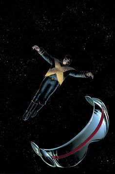 a man flying through the air while riding on top of an object in front of stars