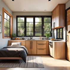 an artist's rendering of a bedroom and kitchen area in a residential home with large windows