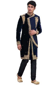 Product Features: Top Color: Navy Blue Bottom Color: Black Top Fabric: Suiting Bottom Fabric: Silk Work: Embroidered Style: Regular Straight Sleeve Type: Full Sleeve Neckline Type: Chinese Collar Closure Type: Button Top Length: 40 Bottom Length: 45 Sleeves Length: 25 Wash Care: Dry Clean Occasion: Festival Package Contain Sherwani Disclaimer: There Will Be Slight Difference In Digital To Actual Image Mens Sherwani, Chinese Collar, Beads Work, Button Top, Stone Work, Mens Navy, Fabric Silk, Sherwani, Top Fabric