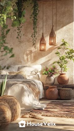 a bedroom with plants hanging from the ceiling and pillows on the bed in front of it