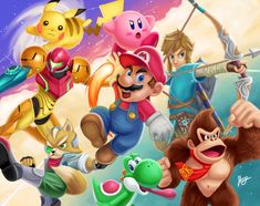 an image of mario and friends in the sky with other characters around them, all dressed up