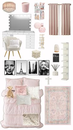 a collage of pink and white decor with pictures on the wall, bedding, rug